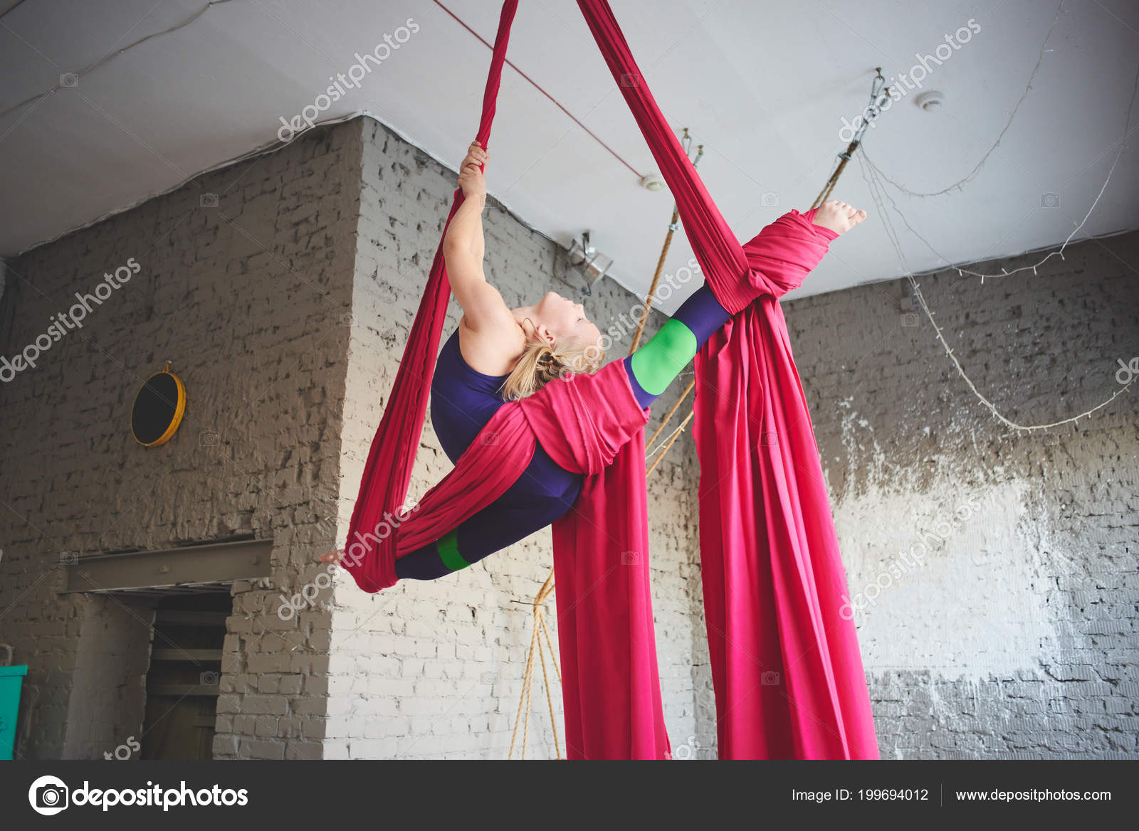 Teen Girl Doing Gymnastics Aerial Silk — Stock Photo © amixstudio