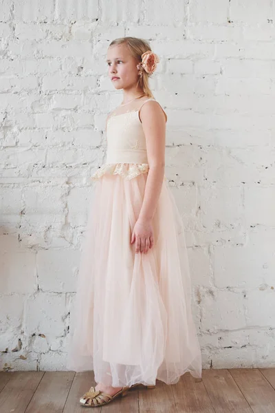 Little Girl Beautiful Pink Dress Posing White Wall Background — Stock Photo, Image