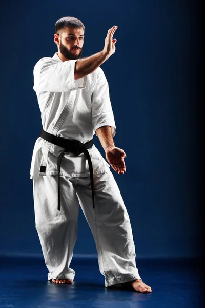 Barefoot Man White Kimono Black Belt Standing Fighting Stance Dark — Stock Photo, Image