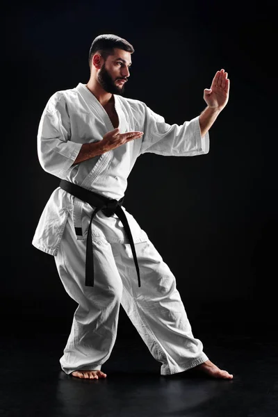 Karate Man Kimono Fighting Stance Black Background — Stok Foto