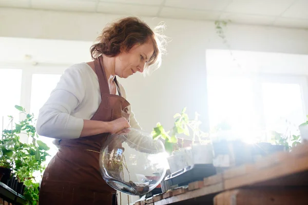 Gärtnerin Füllt Glasgefäß Mit Erde Nahaufnahme — Stockfoto