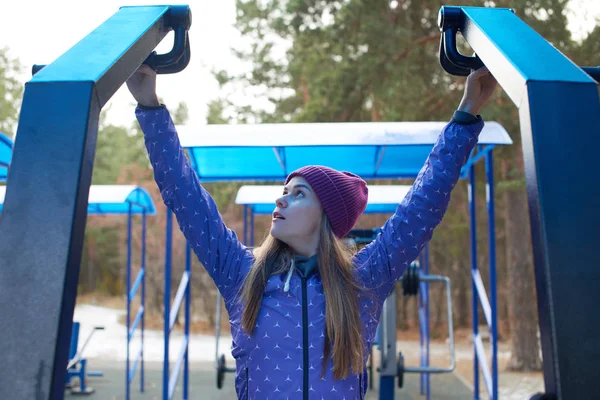 Portrait Young Woman Athlete Working Sport Equipment Outdoor Playground Woods — Stock Photo, Image