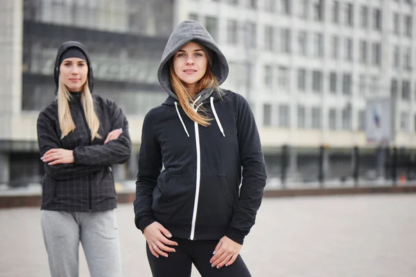 Two Friends Stylish Sportswear Posing Street — Stock Photo, Image