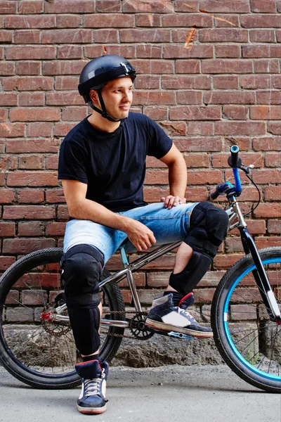 Cyclist Safety Helmet Sitting Bicycle Brick Wall — Stock Photo, Image