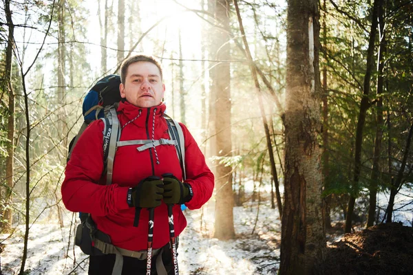 Man Red Jacket Backpack Poles Standing Spring Forest — Stock Photo, Image