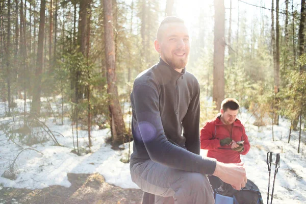 Smiling Male Hiker Relaxing Spring Forest — Stock Photo, Image