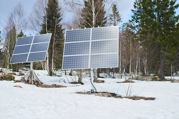 Solar panels in mountainside forest at sunny day