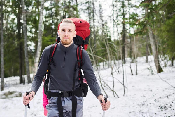 Male Hiker Backpack Going Spring Forest — Stock Photo, Image