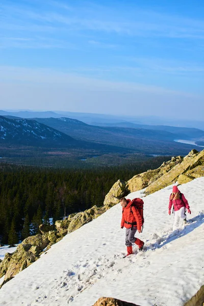 Tourists Rucksacks Descending Snowy Slope Mountains Sunny Day — Stock Photo, Image