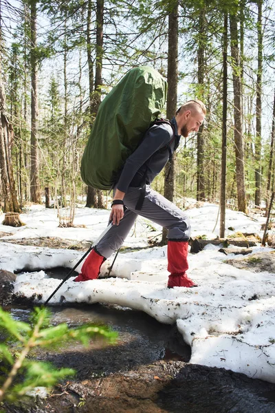 Male Hiker Poles Big Rucksack Back Crossing Stream Forest — Stock Photo, Image
