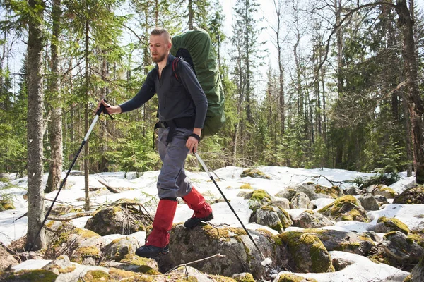 Male Backpacker Poles Walking Rocks Wood — Stock Photo, Image