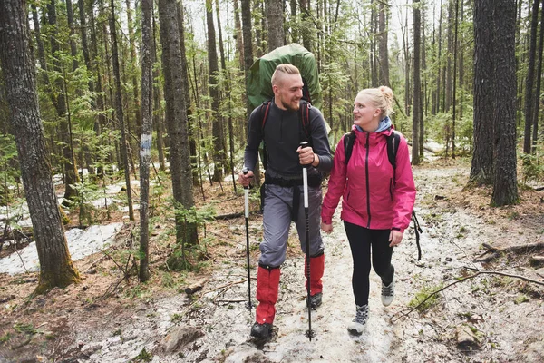 Turisti Maschi Femmine Che Guardano Mentre Camminano Nella Foresta Primaverile — Foto Stock