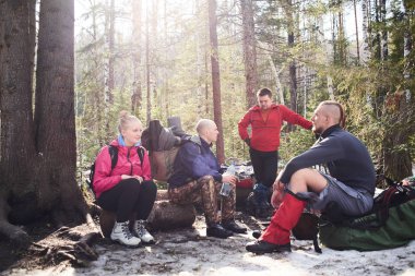 backpackers güneşli gün ormanda otururken rahatlatıcı Grup 