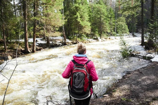 Kobieta Plecakiem Stojąc Brzegu Ogląda Płynącej Rzeki Lesie Pojęcie Turystyki — Zdjęcie stockowe