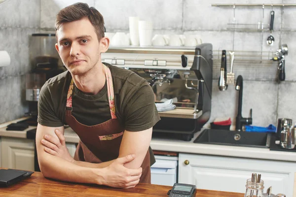 Man Barista Crossed Arms Leaning Wooden Bar Surface Workplace Coffee — Stock Photo, Image