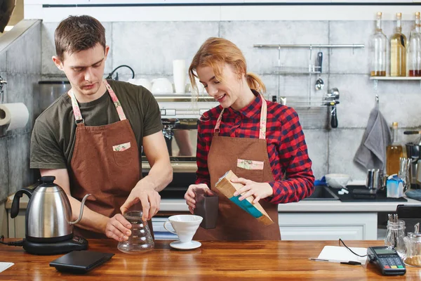 Male Female Professional Baristas Aprons Working Coffee Shop — Stock Photo, Image