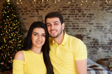 Genç aile Noel için dekore edilmiş daire içinde gülümseyen