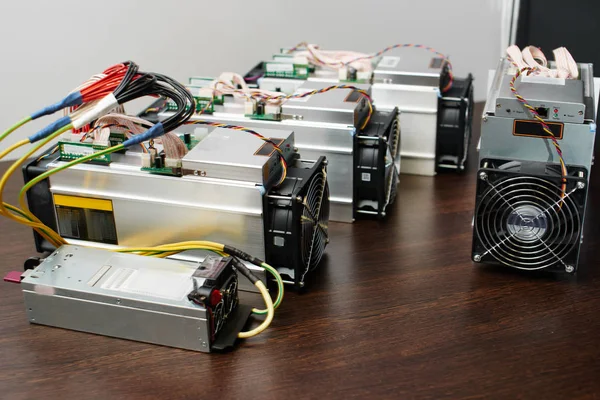 Equipment Mining Cryptocurrency Wooden Table — Stock Photo, Image