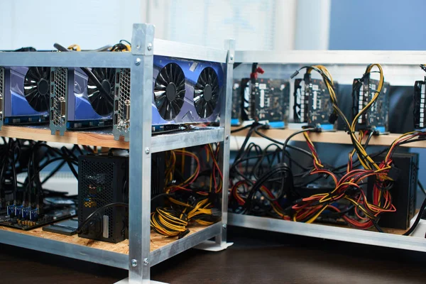 shelves with video cards for bitcoin cryptocurrency mining