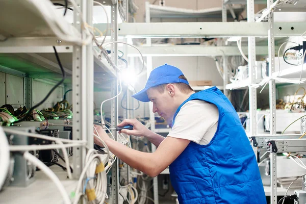  tornavida tutan ve cryptocurrency çıkarım için çiftlik kurma işçi