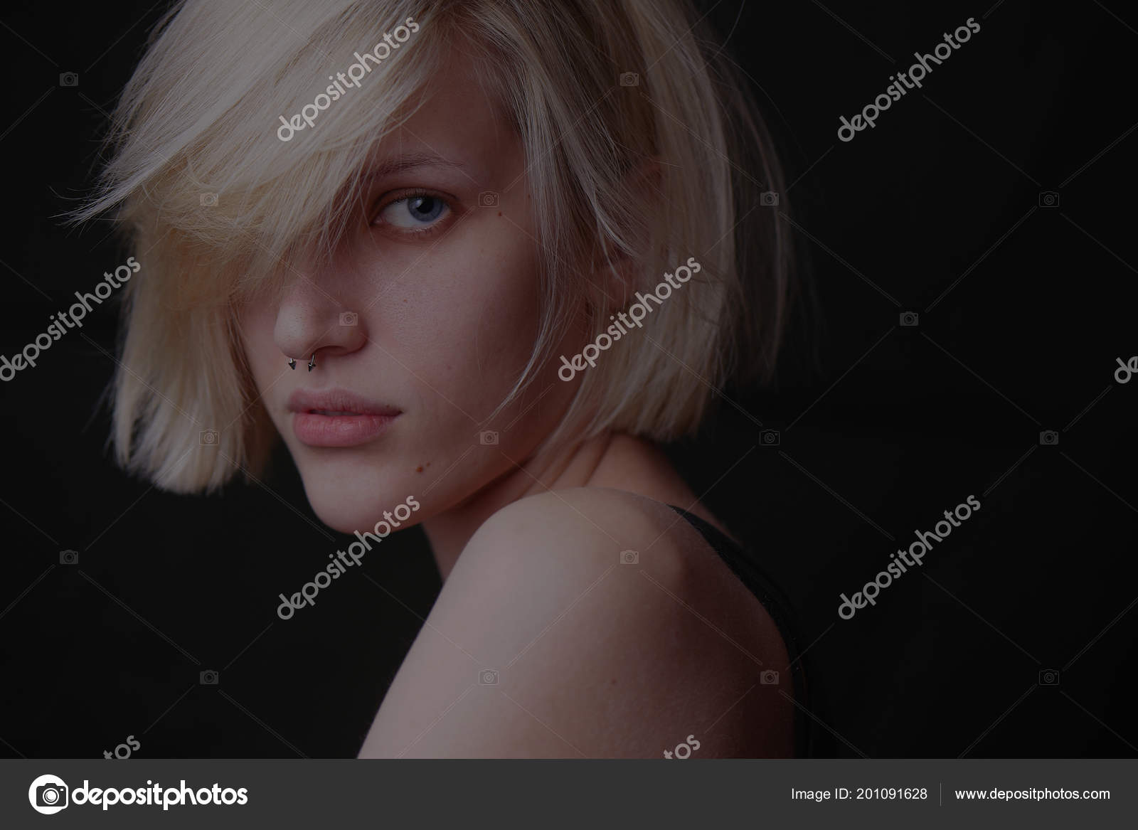 Beautiful Blonde Woman Short Hair Naked Shoulders Dark Background