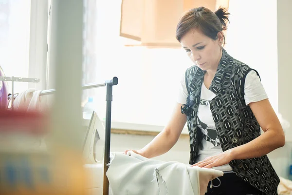 Brunette Dressmaker Preparing Iron Clothes Iron Atelier — Stock Photo, Image