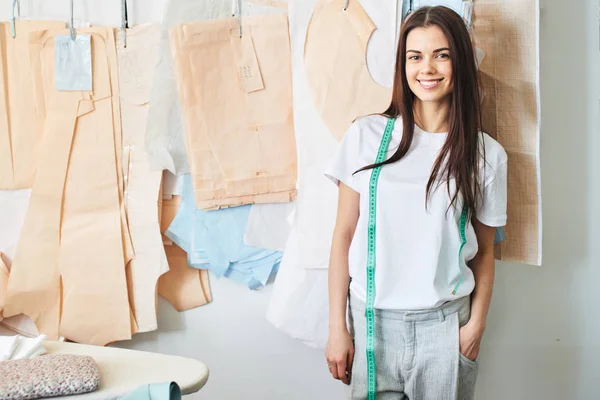 Beautiful Brunette Seamstress Measuring Tape Neck Atelier — Stock Photo, Image