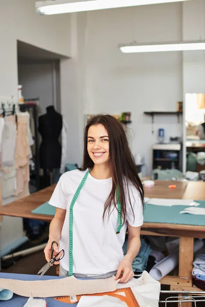 Beautiful Brunette Seamstress Measuring Tape Neck Atelier — Stock Photo, Image