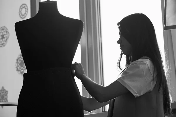 Female Professional Seamstress Measuring Skirt Mannequin Atelier — Stock Photo, Image