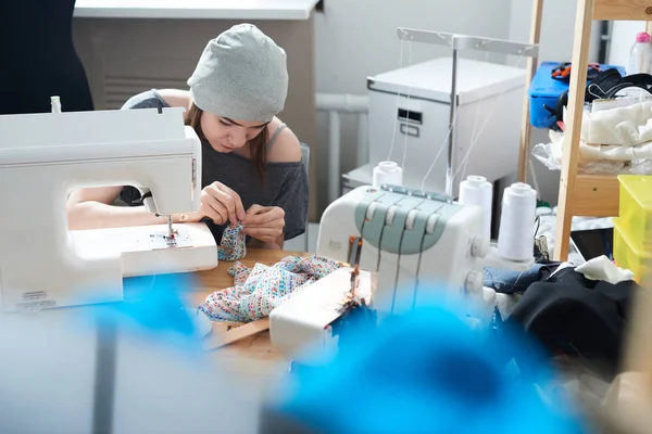 Seamstress Tailoring Cloth While Sitting Chair Atelier — Stock Photo, Image