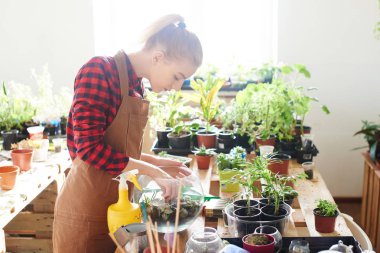 Kızıl saçlı çiçekçi önlük ve kareli gömlek cam aranjman çiçek dükkanında lahanası dikim