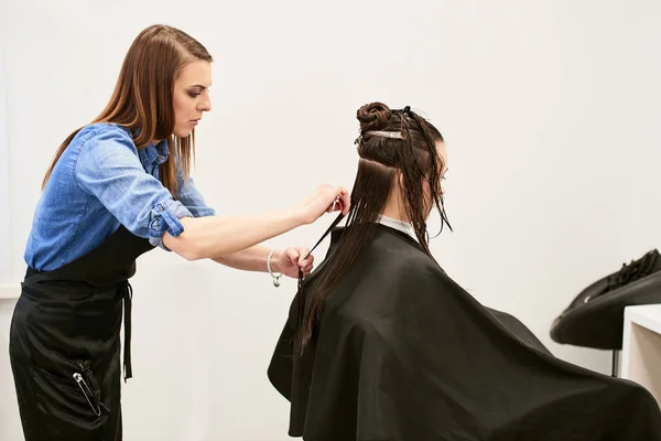 Coiffeur Faisant Nouvelle Coupe Cheveux Femme Brune Dans Salon — Photo