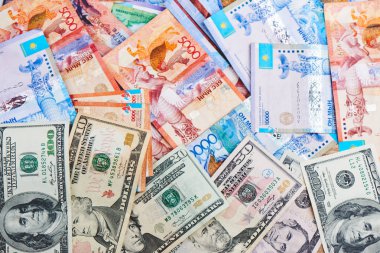 Tenge. Kazak para ve dolar. Arka plan para.