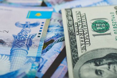 Kazak tenge arka plan, yığını üzerinde Amerikan Doları kavramı, iş ve finans