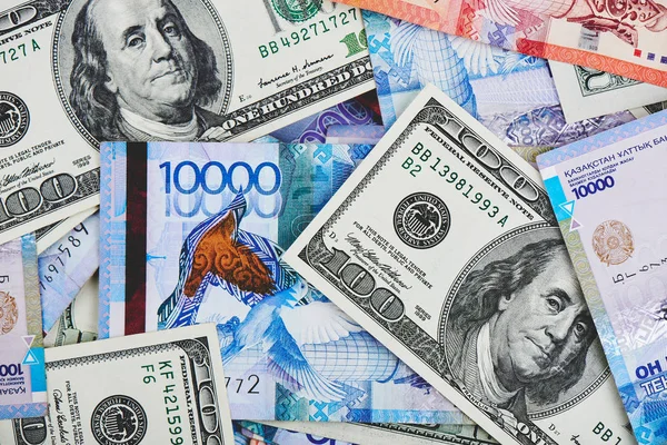 Kasachischer Tenge Und Amerikanischer Dollar Hintergrund Geschäfts Und Finanzkonzept — Stockfoto