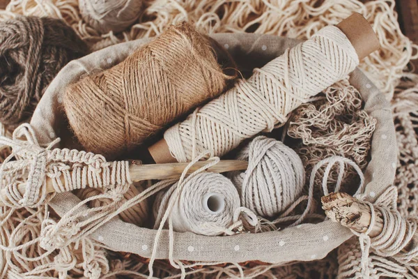 Needlework Macrame Knitting Yarn Thread Natural Colors Wicker Basket Women — Stock Photo, Image