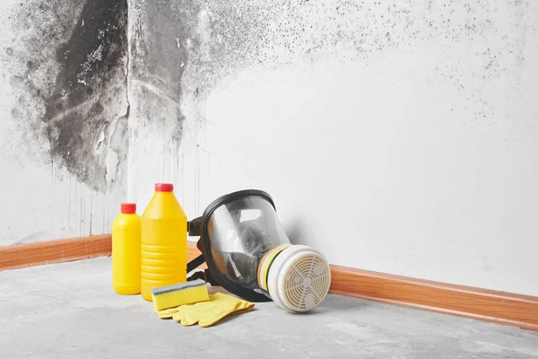 洗涤剂 家用手套 一个桶在白色墙壁背景与黑木耳 — 图库照片