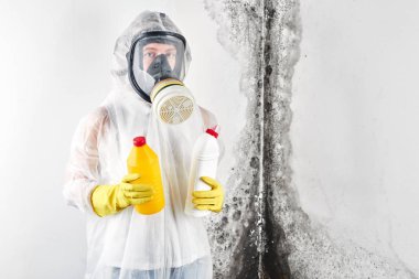 Tulum ve solunum profesyonel bir dezenfeksiyon temizleyiciler tarafından siyah küf etkilenen beyaz bir duvar arka planı elinde tutuyor. Apartman ve ev içinde mantar kaldırılması. Aspergillus.