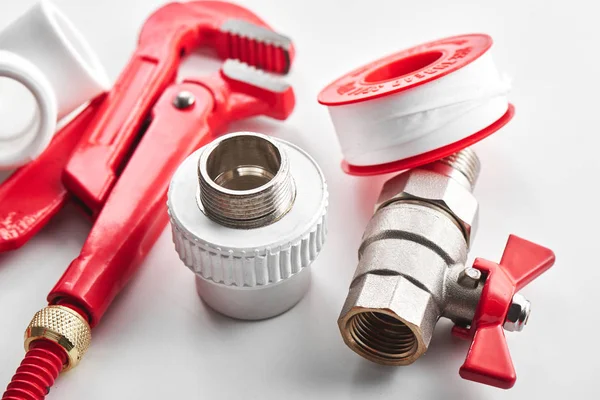 Plumbing Tools Equipment White Background Closeup Copy Space — Stock Photo, Image