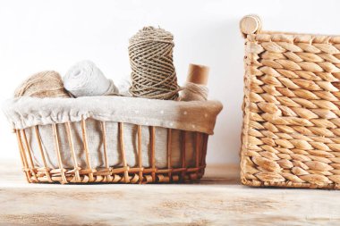 wicker basket with yarn and thread on a white background  clipart