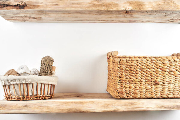 Wooden shelves with decor items. Home interior