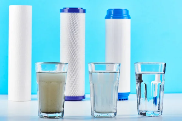 Water Filters Concept Carbon Cartridges Three Glasses White Blue Background — Stock Photo, Image