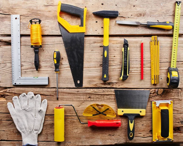 Conjunto Herramientas Construcción Sobre Fondo Madera Vista Superior —  Fotos de Stock