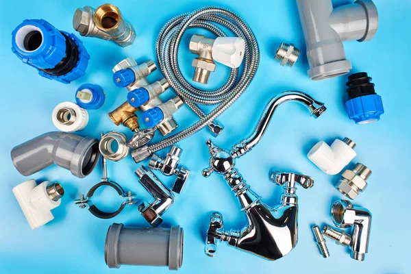 Sanitär Tools Und Ausrüstung Auf Blauem Hintergrund Top Vie — Stockfoto