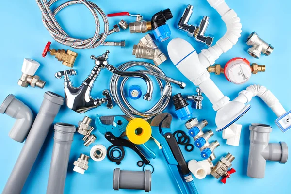 Plumbing Tools Equipment Blue Background Top Vie — Stock Photo, Image