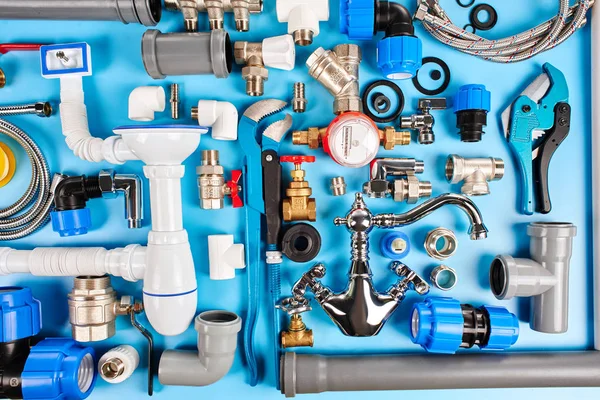 Plumbing Tools Equipment Blue Background Top Vie — Stock Photo, Image