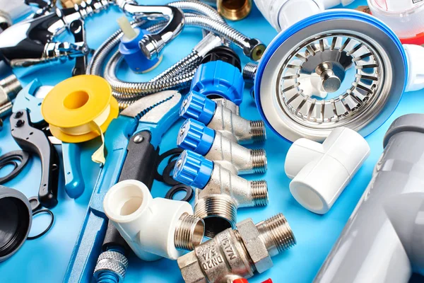 Plumbing Tools Equipment Blue Backgroun — Stock Photo, Image