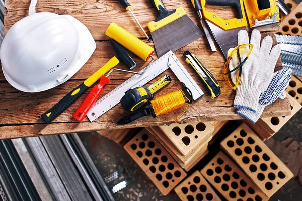 Home Repairs Construction Tools Bricks Helmet Top View — Stock Photo, Image