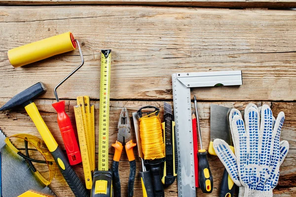 Conjunto Herramientas Construcción Sobre Fondo Madera Vista Superior — Foto de Stock