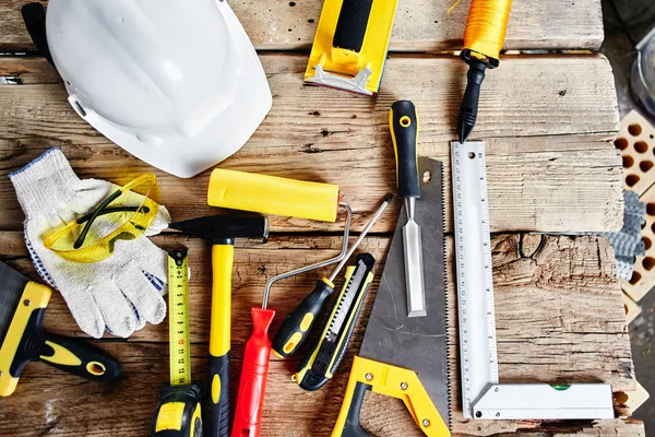 Conjunto Herramientas Construcción Sobre Fondo Madera Vista Superior — Foto de Stock